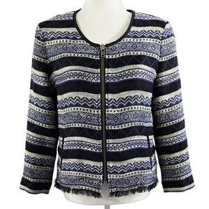 LOFT Black White Blue Siesta Aztec Collarless Cropped Zip Jacket Southwest Boho